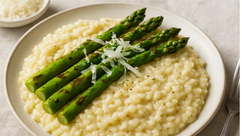 Risoto de parmesão com aspargo grelhado