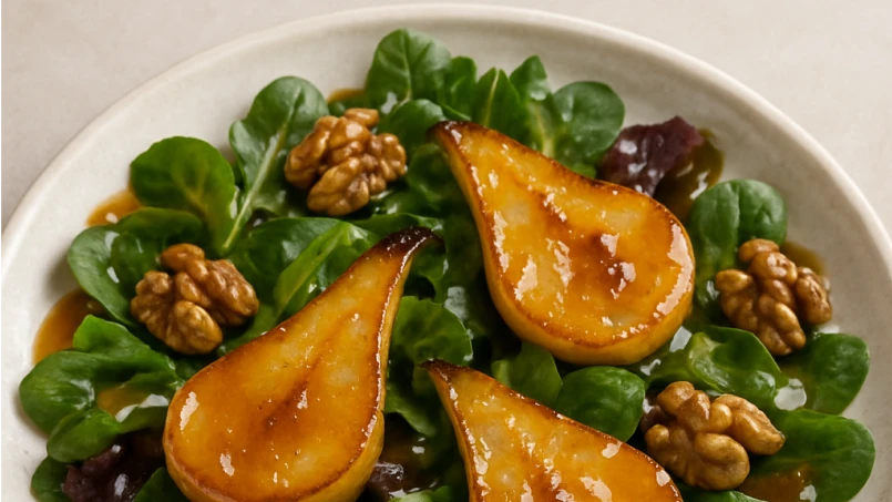 salada com folhas nobres nozes e pera caramelizada